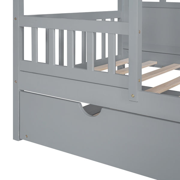 HomeRoots Gray Wood Twin House Bed with Trundle - Stylish, Durable, Space-Saving Sleep Solution for Kids 596415