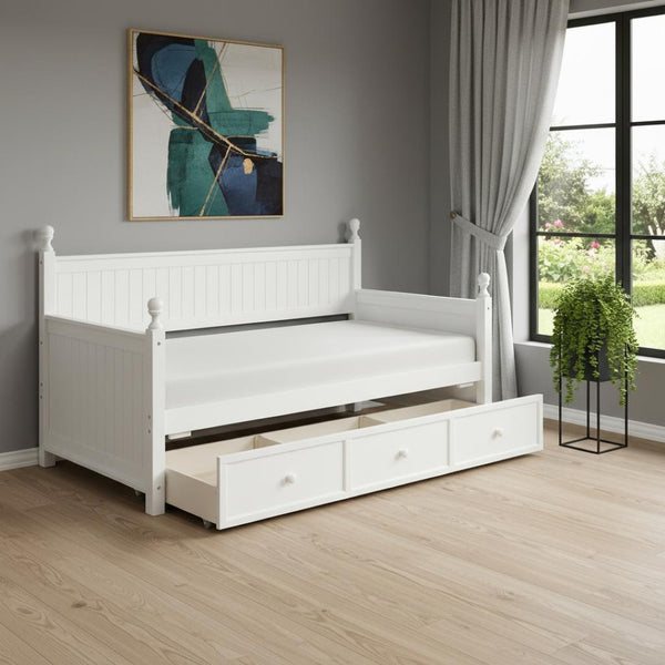 HomeRoots White Wood Twin Day Bed with Under-Bed Storage Drawer - Stylish, Versatile Design for Any Space 596423