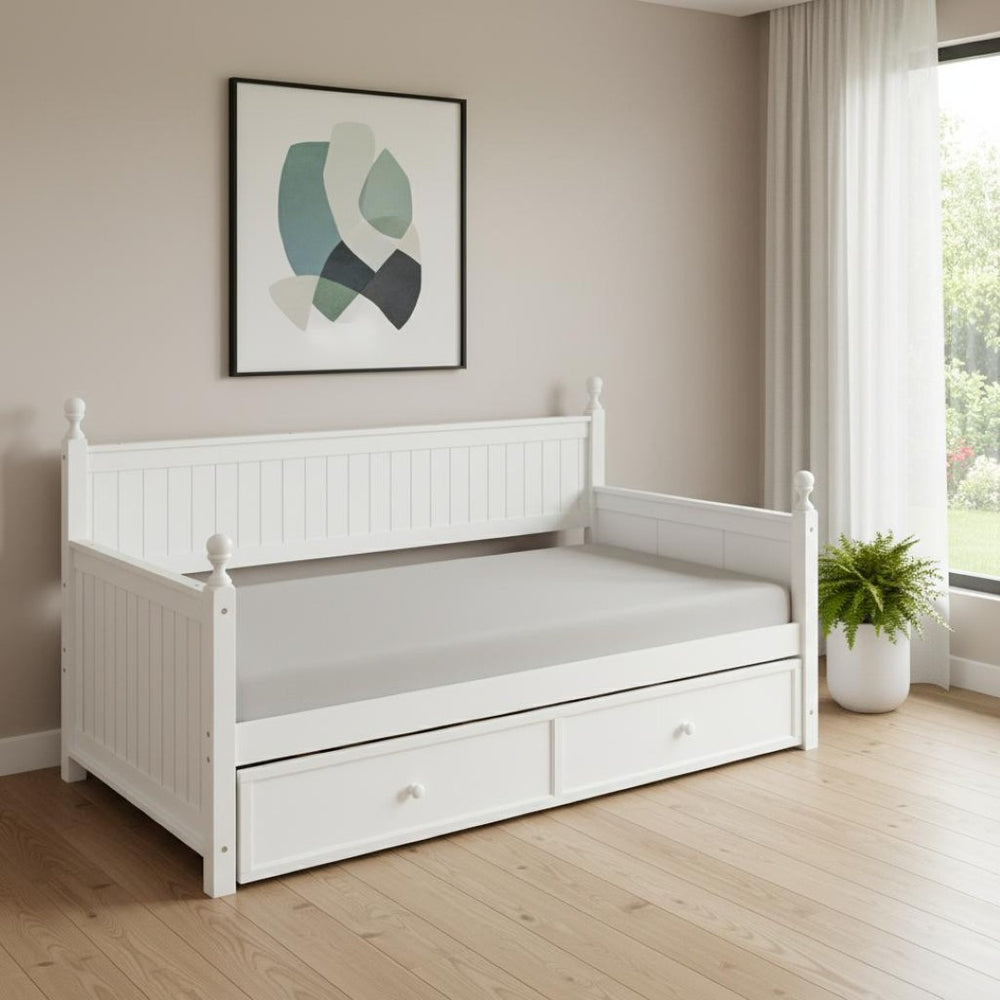 HomeRoots White Wood Twin Day Bed with Trundle & Storage Drawer – Stylish, Versatile Solution for Any Room 596424