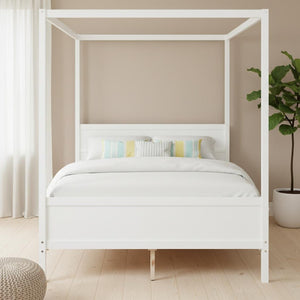 HomeRoots White Inlaid Panel Wood Queen Canopy Bed - Modern Elegance, Durable Support & Stylish Storage Solution 596425
