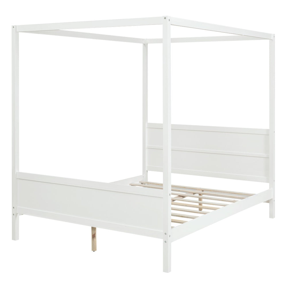 HomeRoots White Inlaid Panel Wood Queen Canopy Bed - Modern Elegance, Durable Support & Stylish Storage Solution 596425