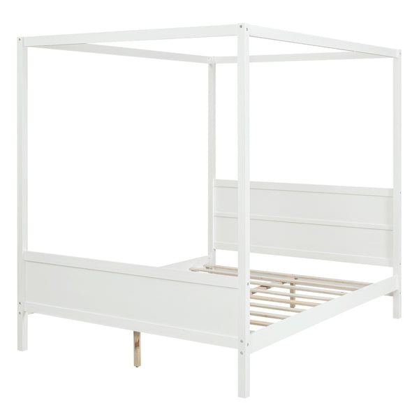 HomeRoots White Inlaid Panel Wood Queen Canopy Bed - Modern Elegance, Durable Support & Stylish Storage Solution 596425