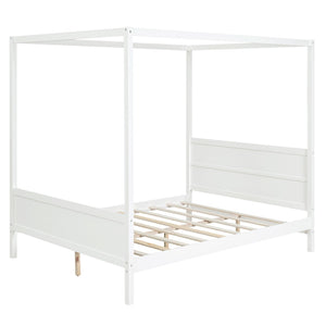 HomeRoots White Inlaid Panel Wood Queen Canopy Bed - Modern Elegance, Durable Support & Stylish Storage Solution 596425