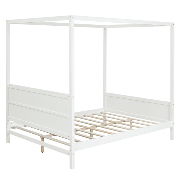 HomeRoots White Inlaid Panel Wood Queen Canopy Bed - Modern Elegance, Durable Support & Stylish Storage Solution 596425