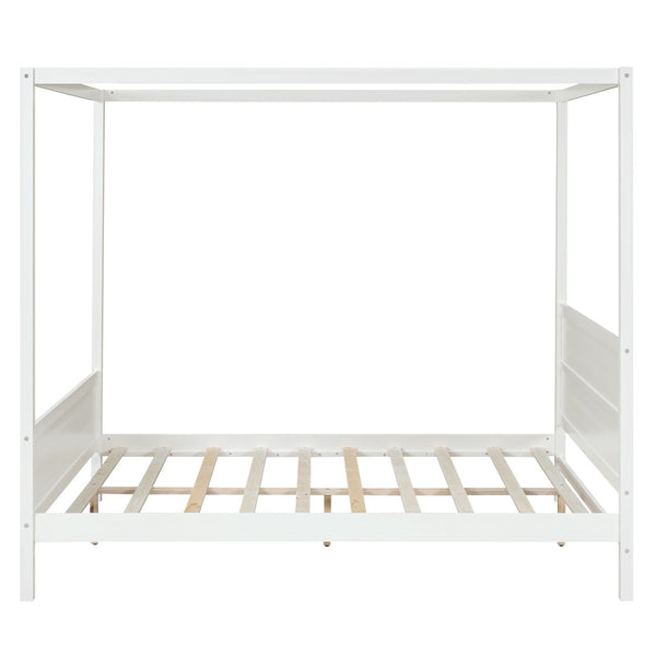 HomeRoots White Inlaid Panel Wood Queen Canopy Bed - Modern Elegance, Durable Support & Stylish Storage Solution 596425