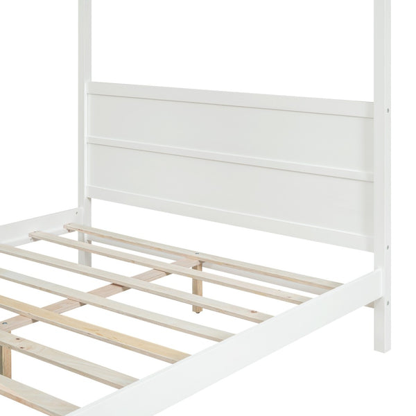 HomeRoots White Inlaid Panel Wood Queen Canopy Bed - Modern Elegance, Durable Support & Stylish Storage Solution 596425