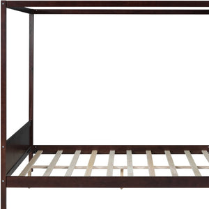 HomeRoots Espresso Inlaid Panels Queen Canopy Bed – Modern Four-Poster Frame with Storage & Elegant Design 596426