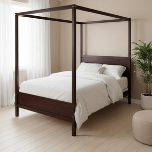 HomeRoots Espresso Inlaid Panels Queen Canopy Bed – Modern Four-Poster Frame with Storage & Elegant Design 596426