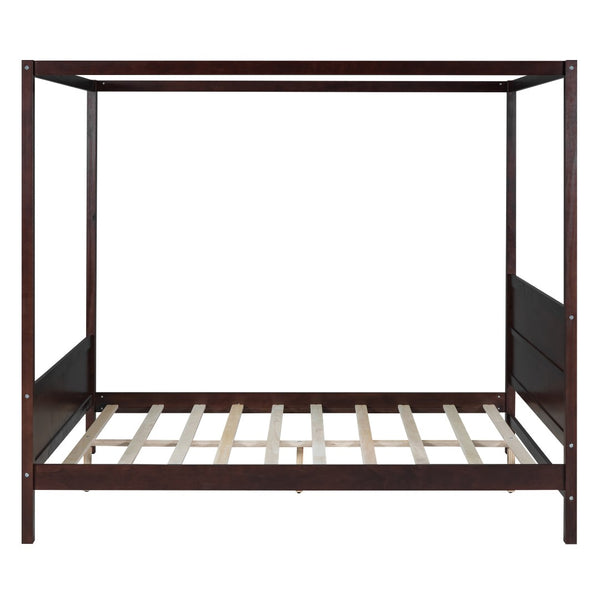 HomeRoots Espresso Inlaid Panels Queen Canopy Bed – Modern Four-Poster Frame with Storage & Elegant Design 596426