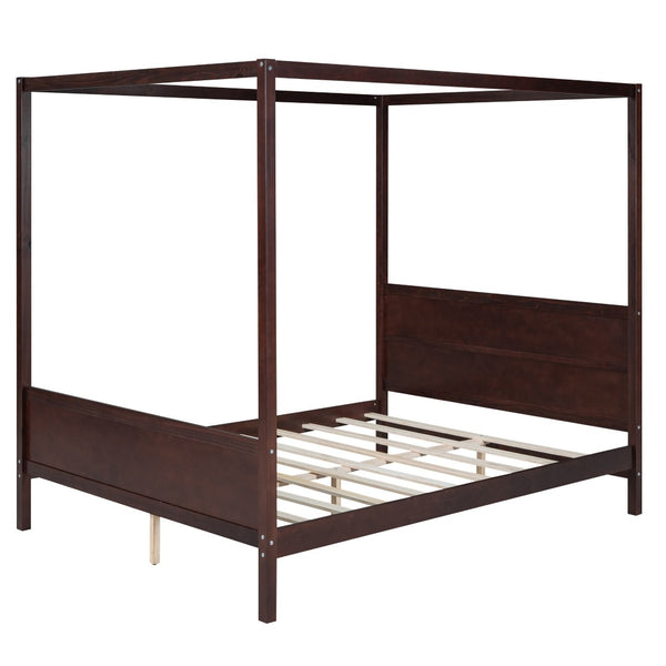 HomeRoots Espresso Inlaid Panels Queen Canopy Bed – Modern Four-Poster Frame with Storage & Elegant Design 596426