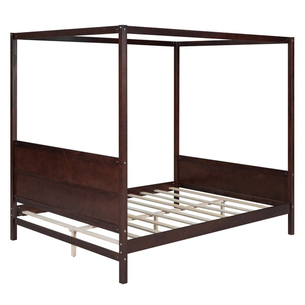 HomeRoots Espresso Inlaid Panels Queen Canopy Bed – Modern Four-Poster Frame with Storage & Elegant Design 596426