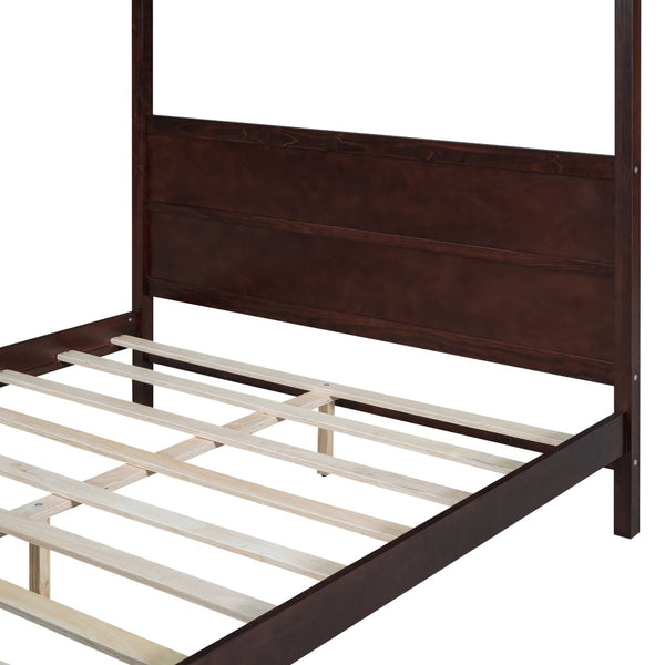 HomeRoots Espresso Inlaid Panels Queen Canopy Bed – Modern Four-Poster Frame with Storage & Elegant Design 596426