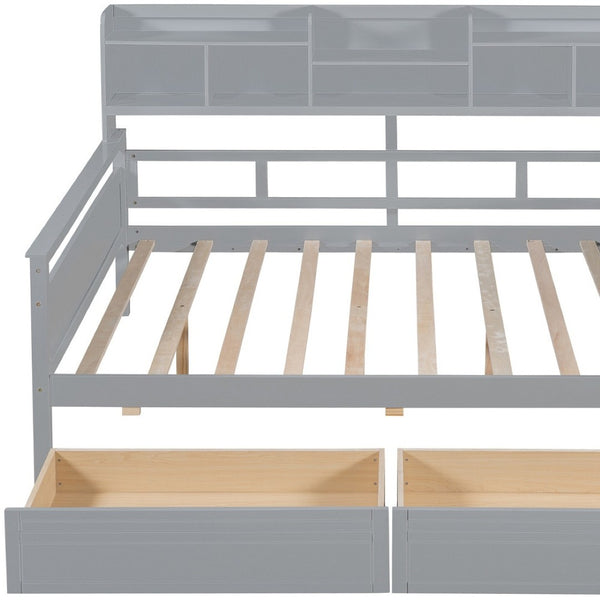 HomeRoots Gray Wood Full Day Bed with Storage Drawers - Versatile Sofa & Sleeper for Modern Spaces 596427