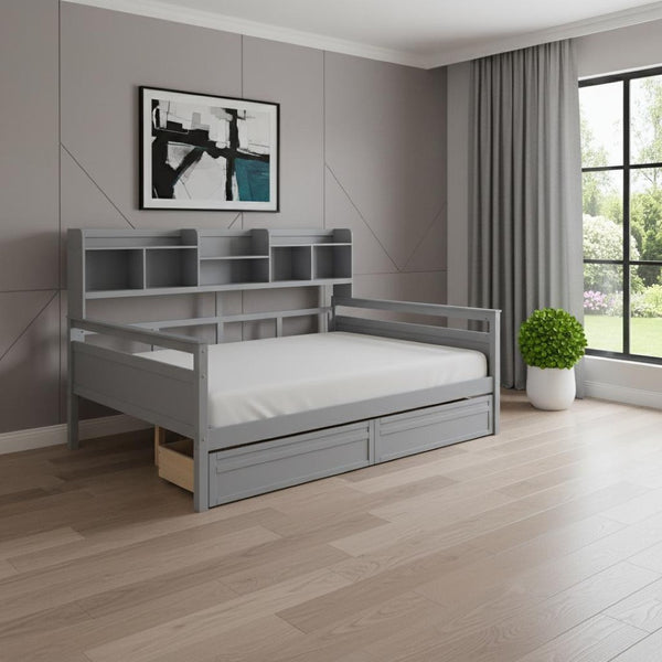 HomeRoots Gray Wood Full Day Bed with Storage Drawers - Versatile Sofa & Sleeper for Modern Spaces 596427