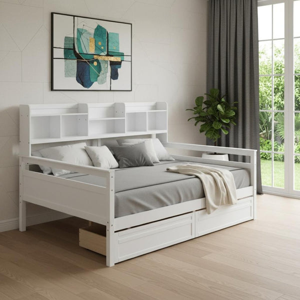 HomeRoots White Wood Full Day Bed with Storage Drawers - Stylish, Dual-Purpose Design for Any Room Decor 596428