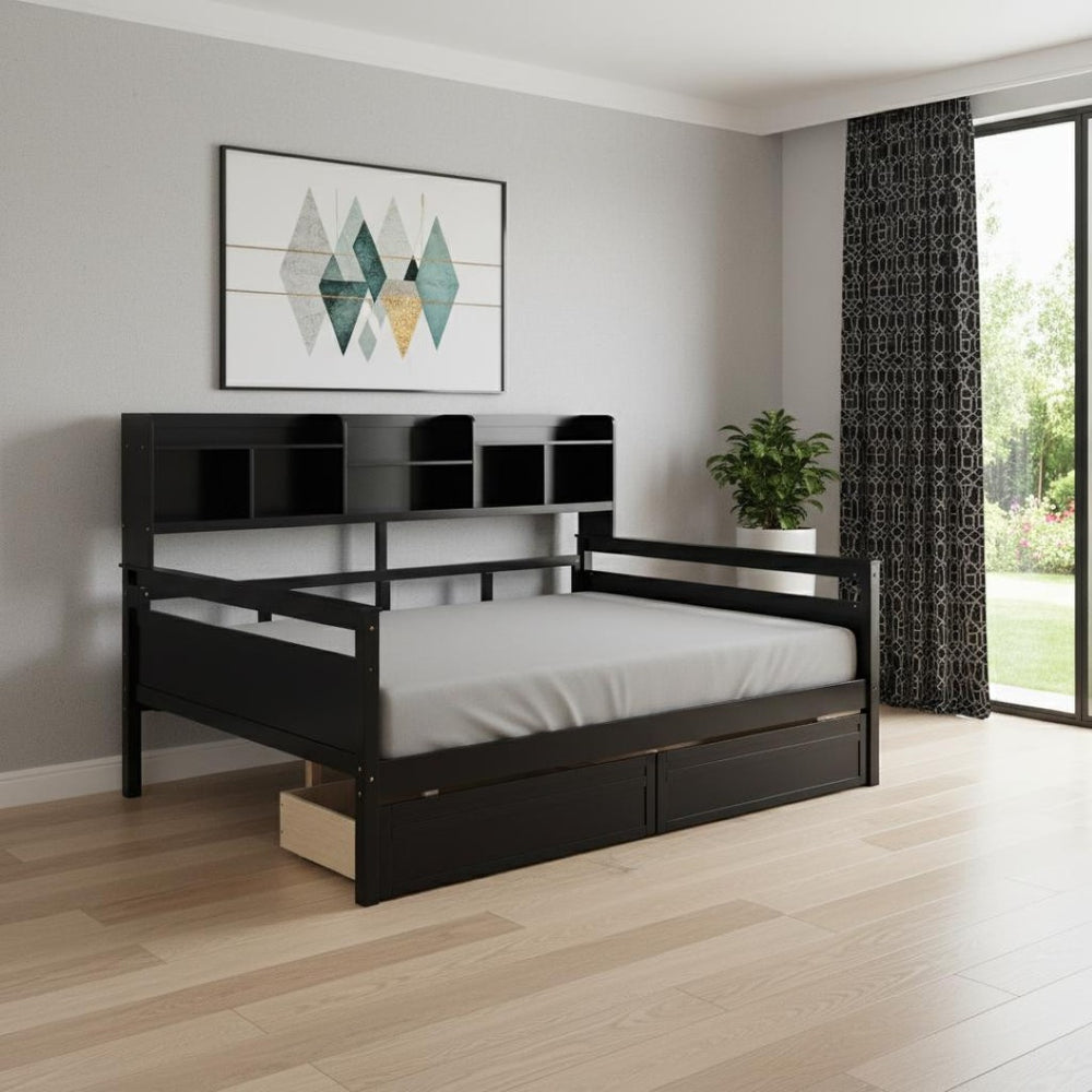 HomeRoots Espresso Wood Full Day Bed with Built-in Storage Drawers - Stylish, Versatile & Space-Saving Design 596429