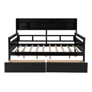 HomeRoots Espresso Wood Full Day Bed with Built-in Storage Drawers - Stylish, Versatile & Space-Saving Design 596429