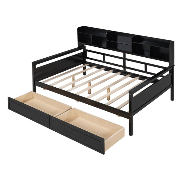 HomeRoots Espresso Wood Full Day Bed with Built-in Storage Drawers - Stylish, Versatile & Space-Saving Design 596429