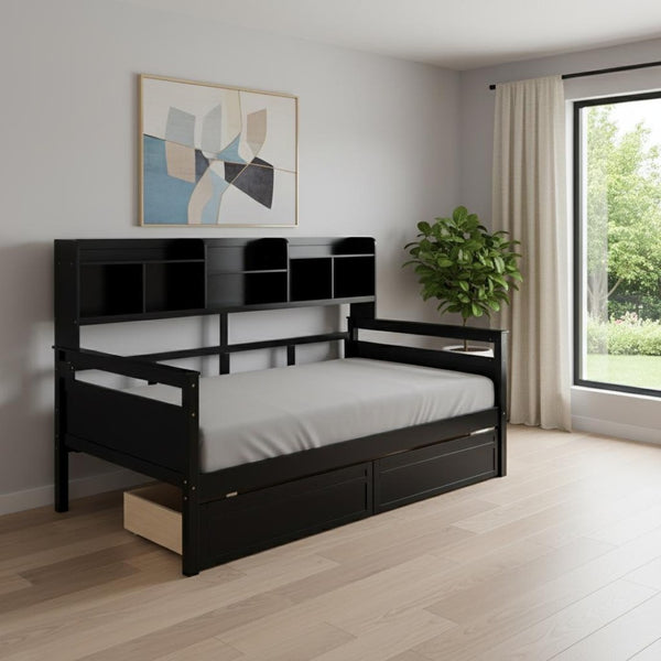 HomeRoots Espresso Twin Day Bed with Storage Drawers – Versatile Modern Design for Guest Rooms & Living Spaces 596432