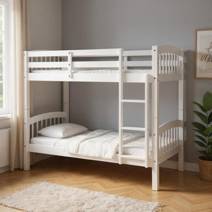 HomeRoots White Twin Over Twin Wooden Bunk Bed - Space-Saving Design with Safety Features for Shared Rooms 596433