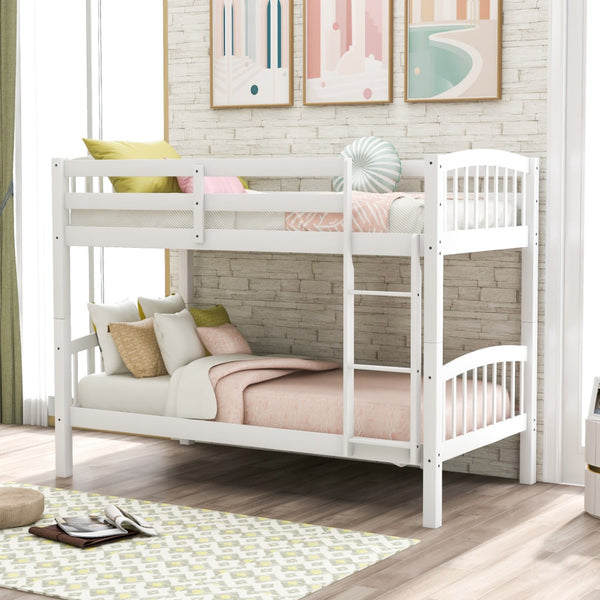 HomeRoots White Twin Over Twin Wooden Bunk Bed - Space-Saving Design with Safety Features for Shared Rooms 596433