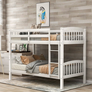 HomeRoots White Twin Over Twin Wooden Bunk Bed - Space-Saving Design with Safety Features for Shared Rooms 596433