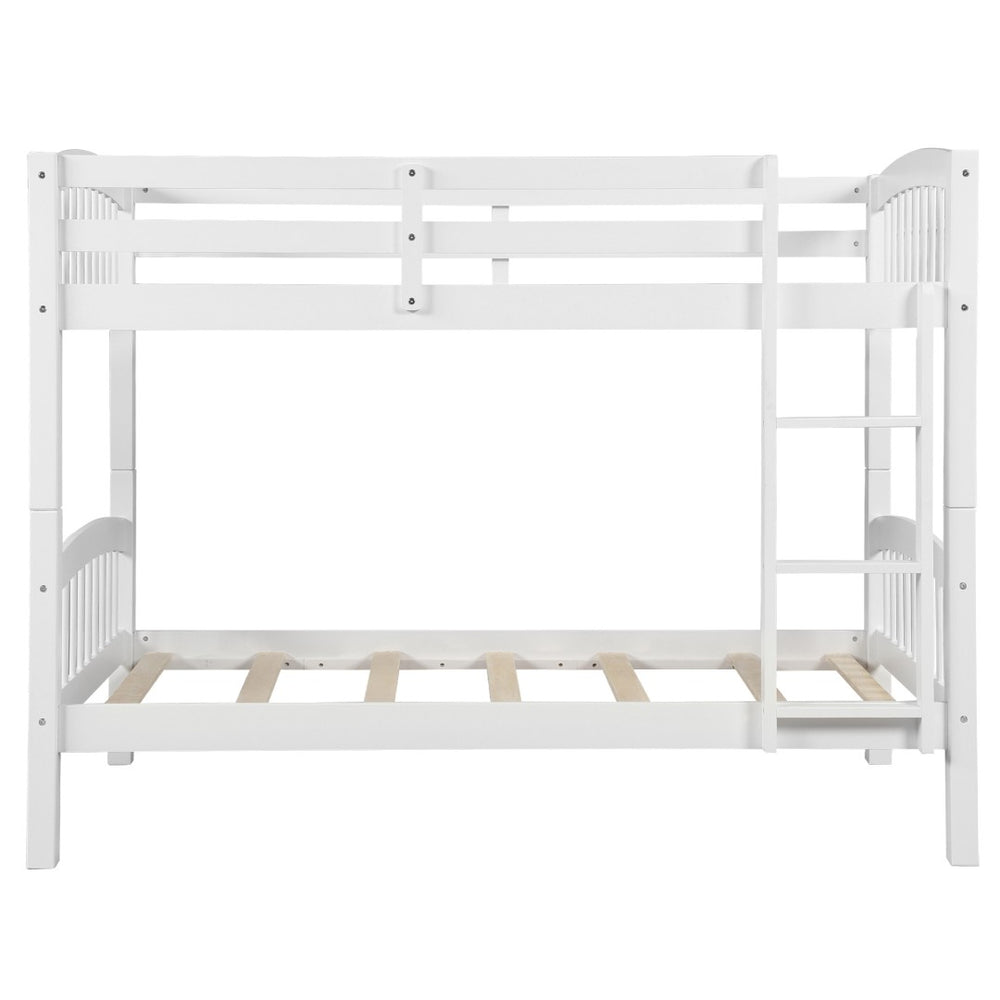 HomeRoots White Twin Over Twin Wooden Bunk Bed - Space-Saving Design with Safety Features for Shared Rooms 596433