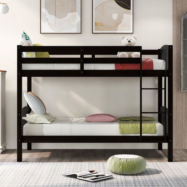 HomeRoots Espresso Twin Over Twin Wood Bunk Bed - Stylish, Space-Saving Solution with Safety & Durability Features 596434