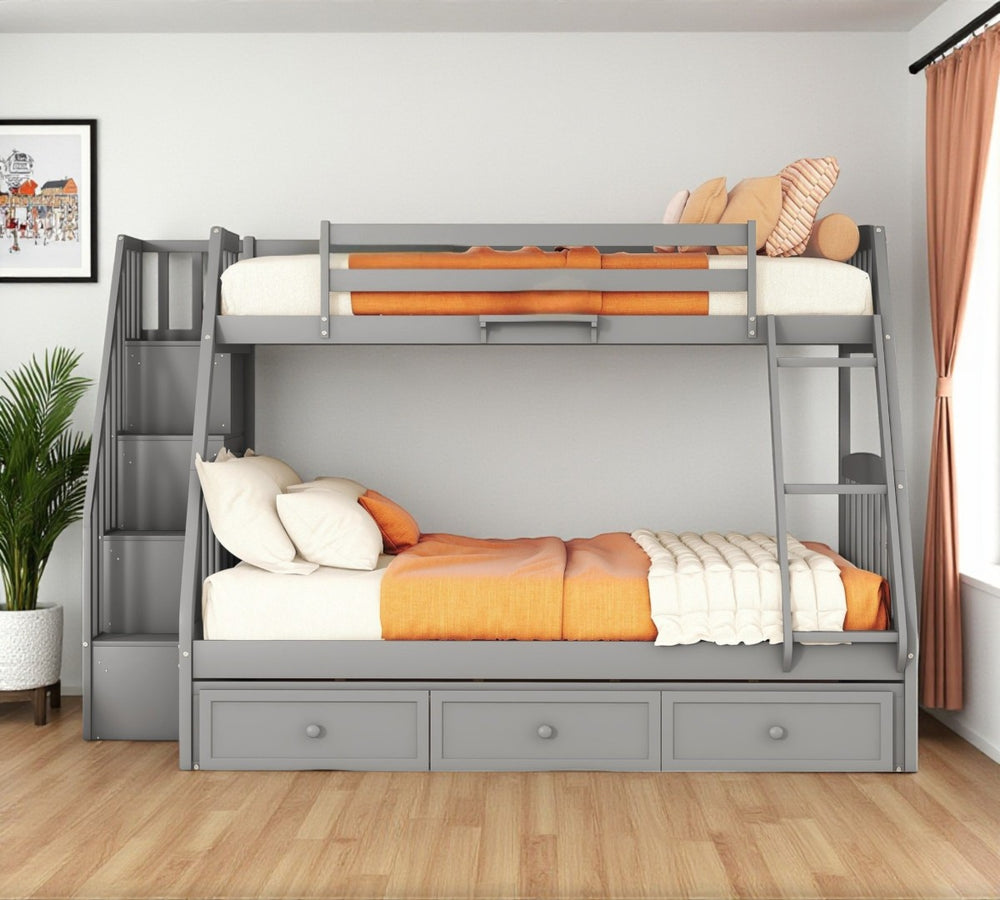 HomeRoots Gray Twin Over Full Solid Wood Bunk Bed with Storage Stairs, Drawers, and Safe Design for All Ages 596435