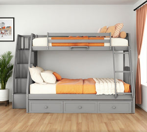 HomeRoots Gray Twin Over Full Solid Wood Bunk Bed with Storage Stairs, Drawers, and Safe Design for All Ages 596435