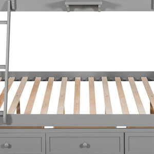 HomeRoots Gray Twin Over Full Solid Wood Bunk Bed with Storage Stairs, Drawers, and Safe Design for All Ages 596435