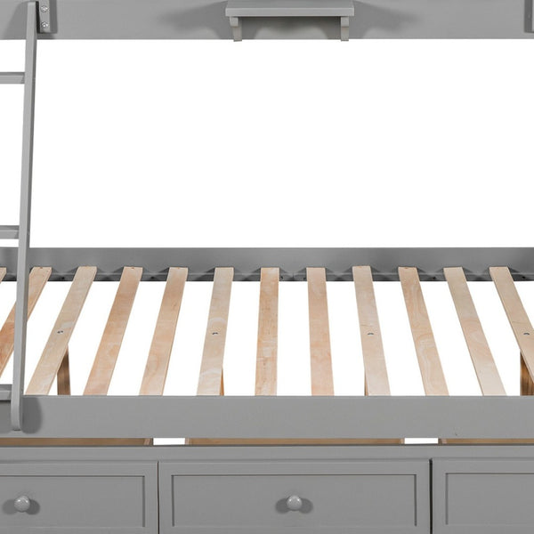 HomeRoots Gray Twin Over Full Solid Wood Bunk Bed with Storage Stairs, Drawers, and Safe Design for All Ages 596435