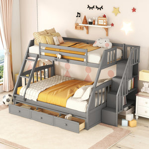 HomeRoots Gray Twin Over Full Solid Wood Bunk Bed with Storage Stairs, Drawers, and Safe Design for All Ages 596435