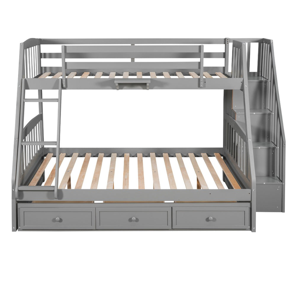 HomeRoots Gray Twin Over Full Solid Wood Bunk Bed with Storage Stairs, Drawers, and Safe Design for All Ages 596435