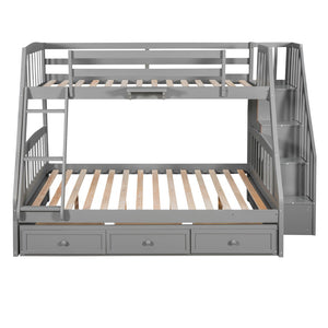 HomeRoots Gray Twin Over Full Solid Wood Bunk Bed with Storage Stairs, Drawers, and Safe Design for All Ages 596435