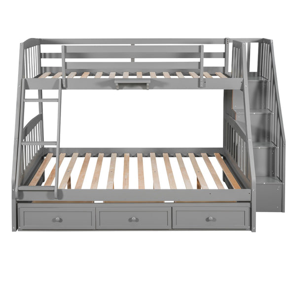HomeRoots Gray Twin Over Full Solid Wood Bunk Bed with Storage Stairs, Drawers, and Safe Design for All Ages 596435