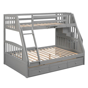 HomeRoots Gray Twin Over Full Solid Wood Bunk Bed with Storage Stairs, Drawers, and Safe Design for All Ages 596435