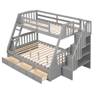 HomeRoots Gray Twin Over Full Solid Wood Bunk Bed with Storage Stairs, Drawers, and Safe Design for All Ages 596435