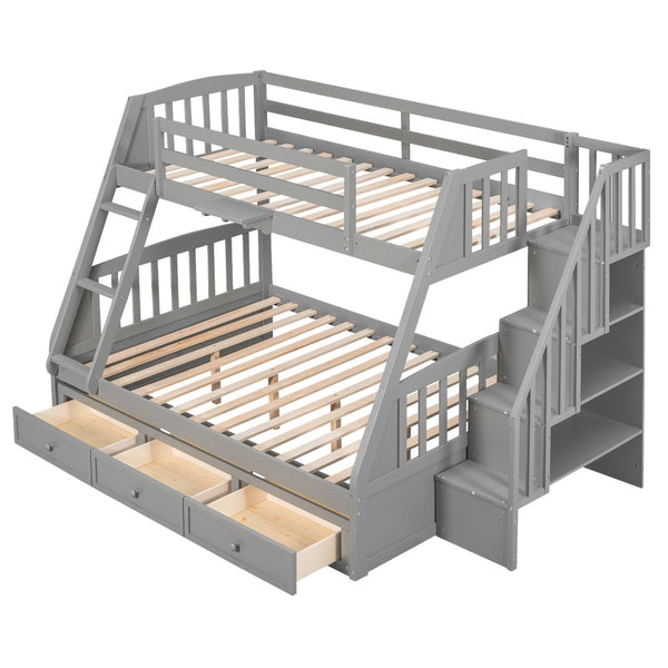 HomeRoots Gray Twin Over Full Solid Wood Bunk Bed with Storage Stairs, Drawers, and Safe Design for All Ages 596435