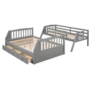 HomeRoots Gray Twin Over Full Solid Wood Bunk Bed with Storage Stairs, Drawers, and Safe Design for All Ages 596435