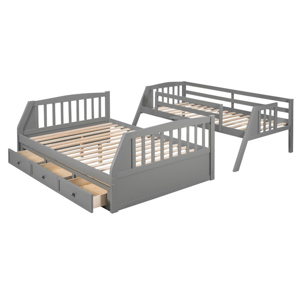 HomeRoots Gray Twin Over Full Solid Wood Bunk Bed with Storage Stairs, Drawers, and Safe Design for All Ages 596435