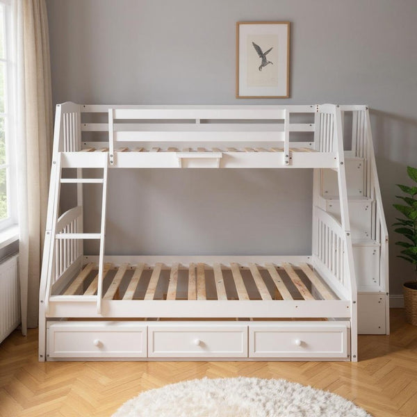 HomeRoots White Twin Over Full Bunk Bed with Storage Stairs, Guardrails & Versatile Design for Kids' Rooms 596436