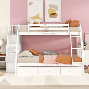 HomeRoots White Twin Over Full Bunk Bed with Storage Stairs, Guardrails & Versatile Design for Kids' Rooms 596436