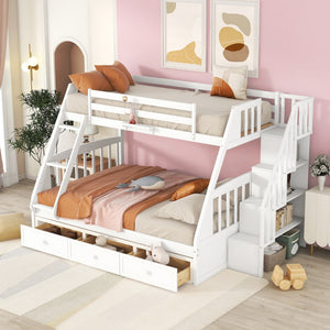 HomeRoots White Twin Over Full Bunk Bed with Storage Stairs, Guardrails & Versatile Design for Kids' Rooms 596436