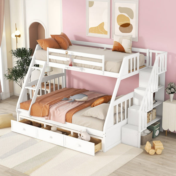 HomeRoots White Twin Over Full Bunk Bed with Storage Stairs, Guardrails & Versatile Design for Kids' Rooms 596436