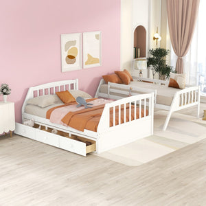 HomeRoots White Twin Over Full Bunk Bed with Storage Stairs, Guardrails & Versatile Design for Kids' Rooms 596436