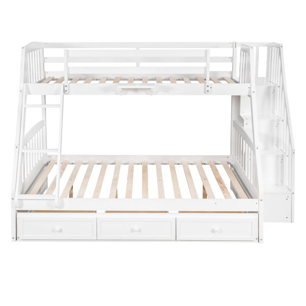 HomeRoots White Twin Over Full Bunk Bed with Storage Stairs, Guardrails & Versatile Design for Kids' Rooms 596436