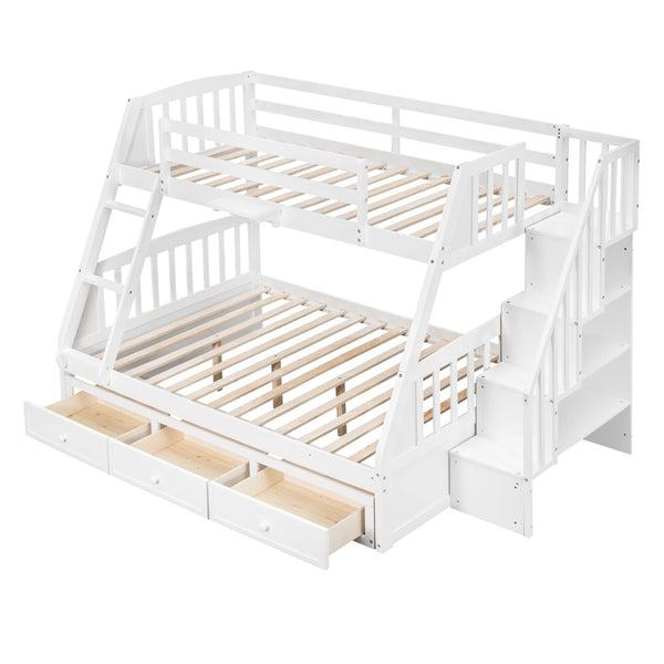 HomeRoots White Twin Over Full Bunk Bed with Storage Stairs, Guardrails & Versatile Design for Kids' Rooms 596436