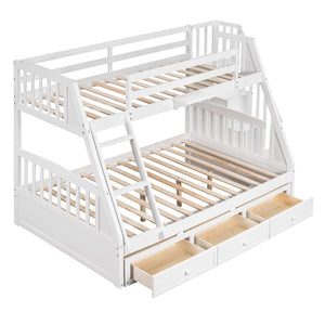 HomeRoots White Twin Over Full Bunk Bed with Storage Stairs, Guardrails & Versatile Design for Kids' Rooms 596436