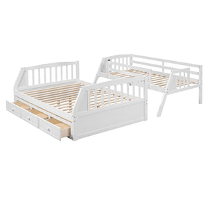 HomeRoots White Twin Over Full Bunk Bed with Storage Stairs, Guardrails & Versatile Design for Kids' Rooms 596436